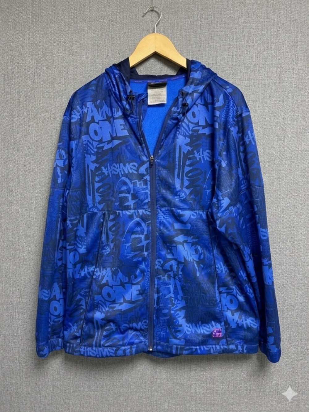 AND1 Men’s 2XL Full Zip Fleece Hoodie Blue Graffiti All-Over Print Graphic